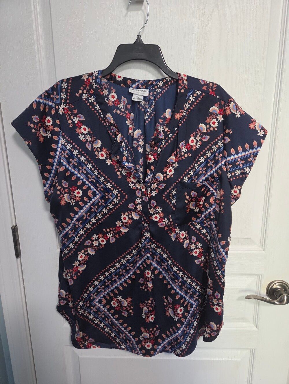 Liz Claiborne Top Splice Neck Navy Floral Blouse Cap Sleeves Womens XXL
